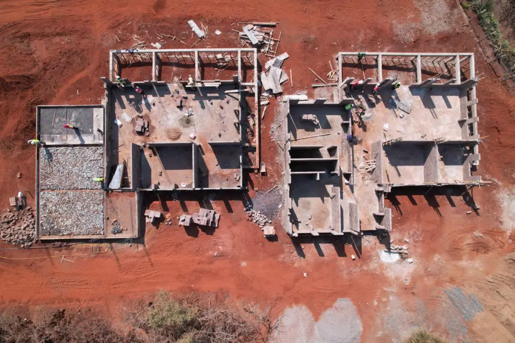 Aerial photo of the first two homes.