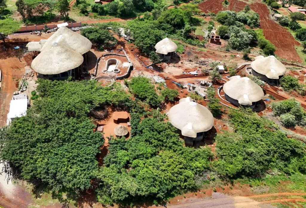 Ariel view of the ecolodge and four villas, including the maasai culture center