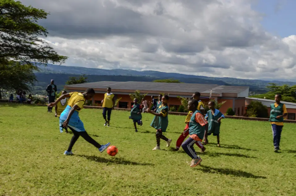 Children playing soccer on grass
