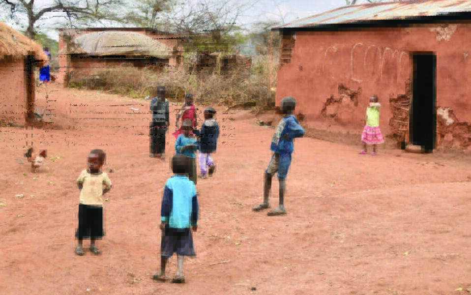 children gathered in front of bomas at a local village in tanzania