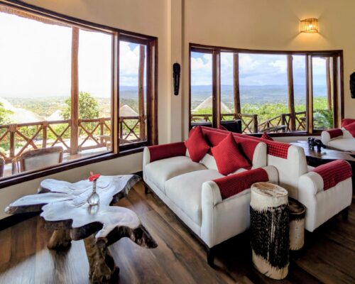the sitting area inside the ecolodge overlooking rift valley